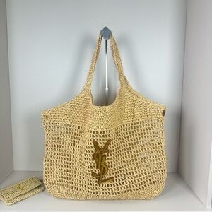 Brass Logo Tan Woven Tote Bag